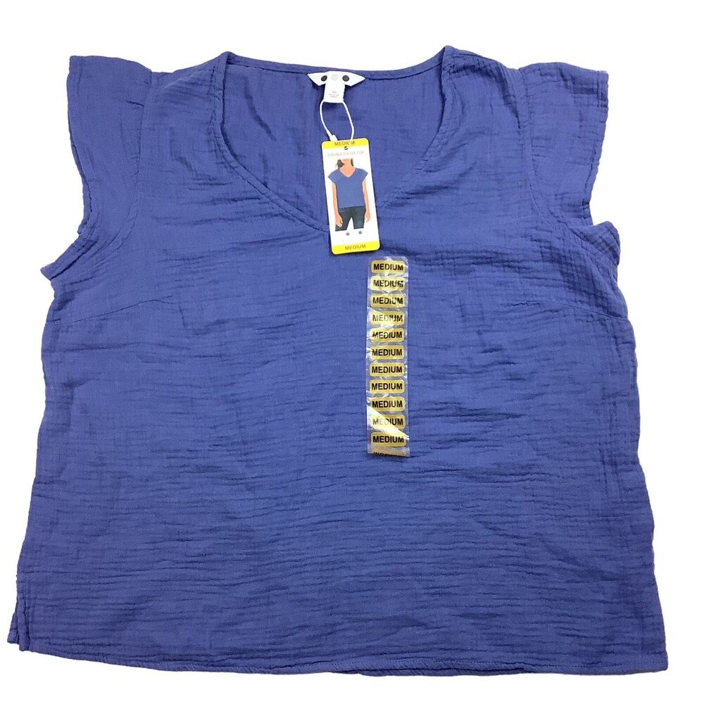Three Dots Blue Double Gauze Top Shirt Women M V-Neck Short Fluttered Sleeve